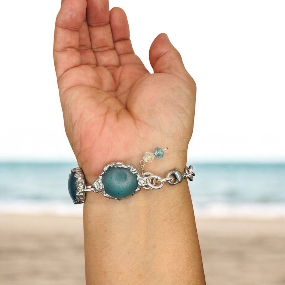 Artisan Crafted Sea Glass Cabochons Bracelet & Faceted Crystal Accent 9.5" - Picture 8 of 12